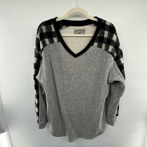 Ruff Hewn Women's 2X Gray Plaid Wool Blend V-Neck Pullover Sweater Plus Size‎